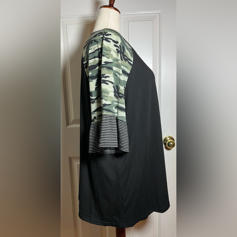 BloomChic Black Tunic Top w/ Camo Raglan Sleeves & Striped Ruffle Hem - Picture 5 of 9
